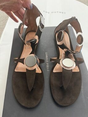 Samuele Failli Dark Brown Suede Thong Sandals with Silver Discs Size 39/8.5